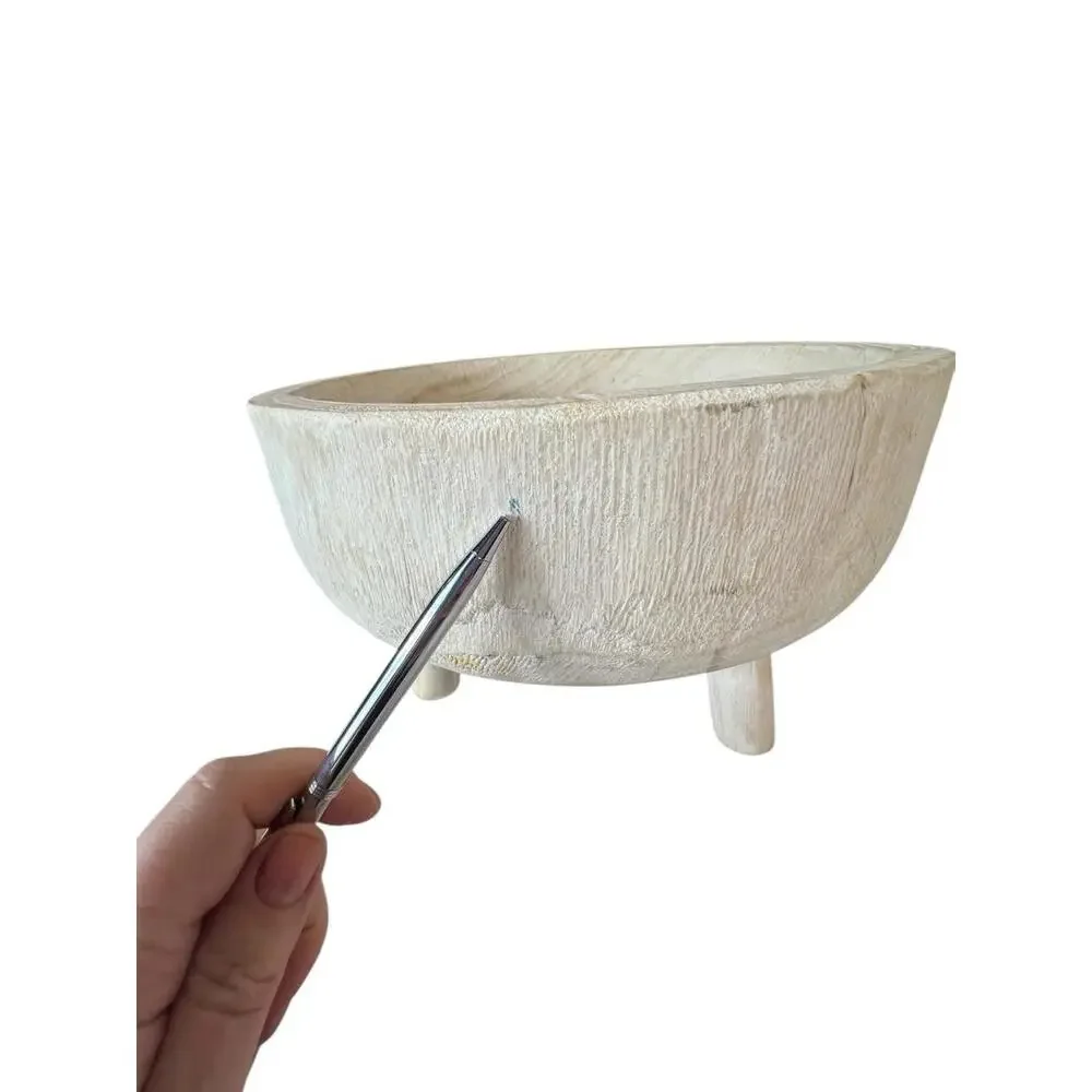 Hand Carved‎ Wooden Tripod Bowl Whitewashed Footed Primitive Style Decor